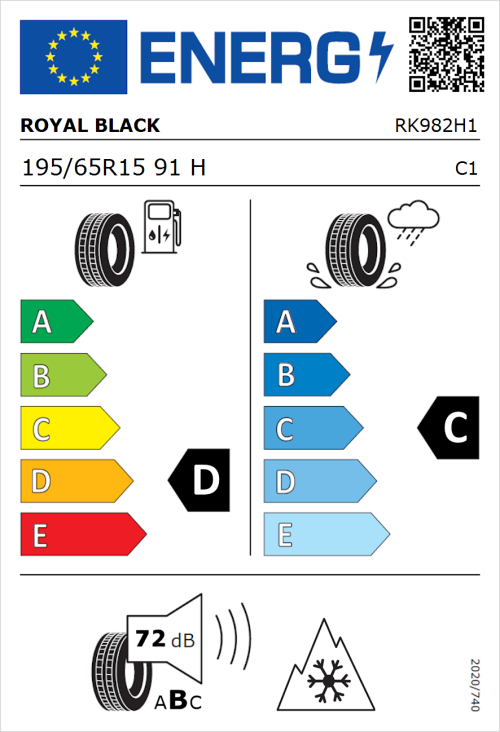 Tyre Label for Royal Black Royal A/S 195/65R15 91H