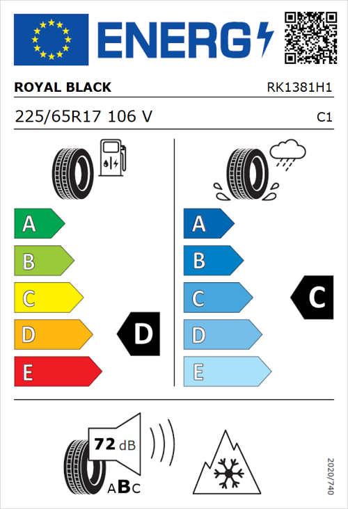 Tyre Label for Royal Black Royal A/S 225/65R17 106V