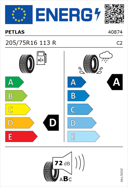 Tyre Label for Petlas Full Power PT825 205/75R16 113R