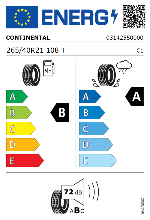 Tyre Label for Continental Premium Contact 7 265/40R21 108T